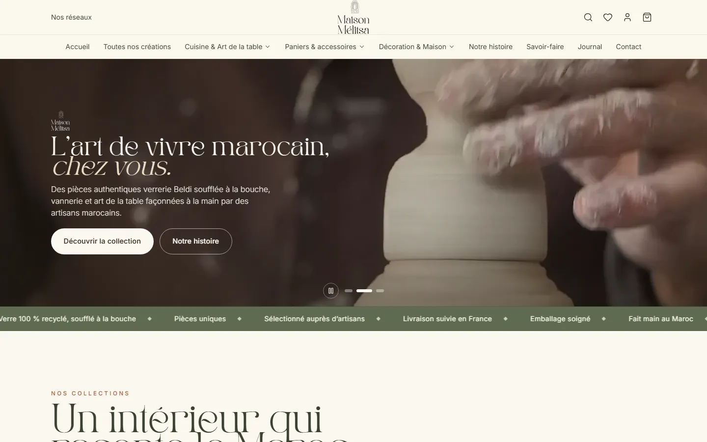 Page d’accueil de la boutique Maison Mélitsa sur ordinateur, avec le slogan « L’art de vivre marocain, chez vous »
