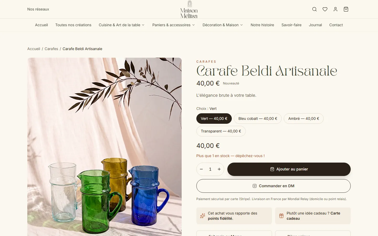 Fiche produit Carafe Beldi Artisanale : quatre coloris, bouton Ajouter au panier, mention du paiement Stripe et de la livraison Mondial Relay
