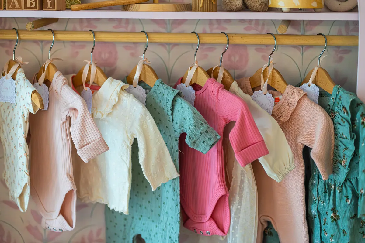 Bodys, petites robes et hauts de bébé aux couleurs pastel sur des cintres en bois