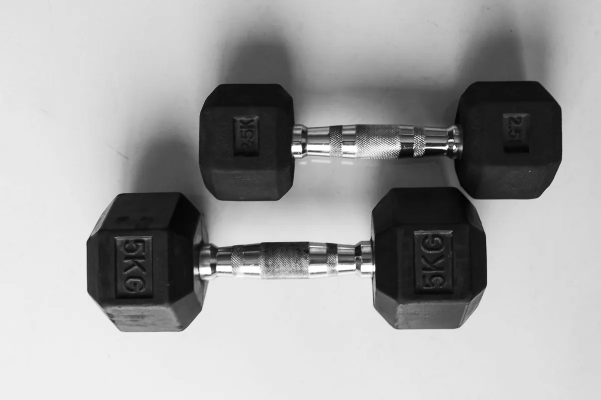 Deux haltères hexagonaux noirs de 5 kg sur fond blanc, photo en noir et blanc