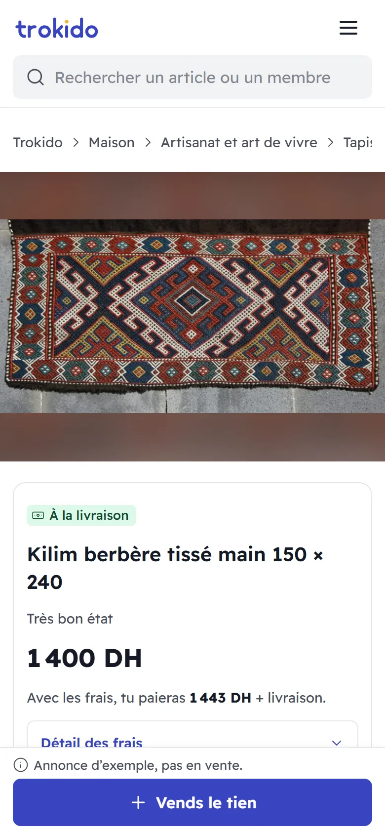 Fiche d’une annonce d’exemple sur mobile : kilim tissé main, mention Annonce d’exemple pas en vente, bouton Vends le tien