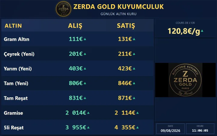 Site de Zerda Gold — écran cours de l'or, affichage boutique, réalisé par Tourak Digital